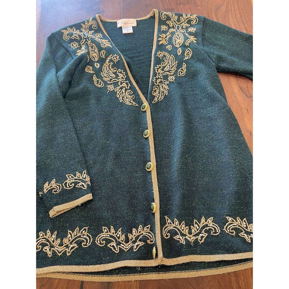 Jacklyn Smith Holiday sweater M green gold button up beaded